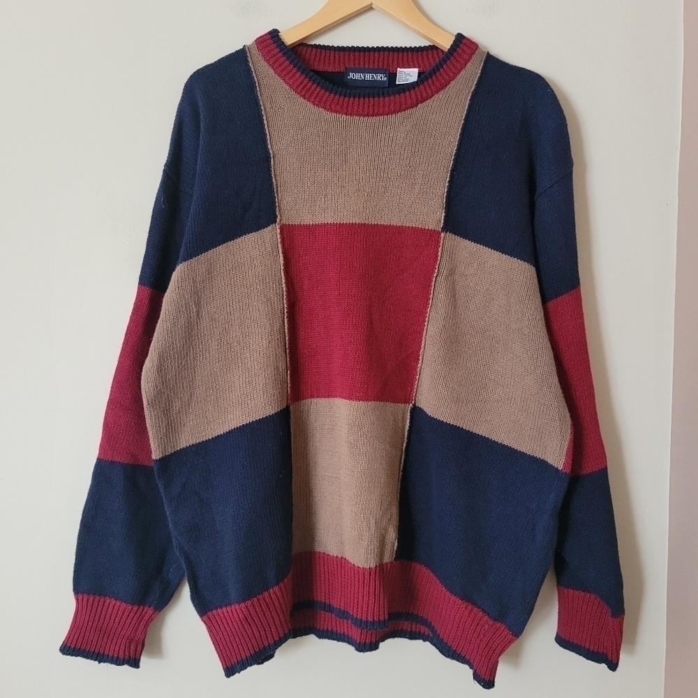 Vintage 90s Colorblock Patchwork Sweater Grandpa Men's XL - Red, Blue, and Tan